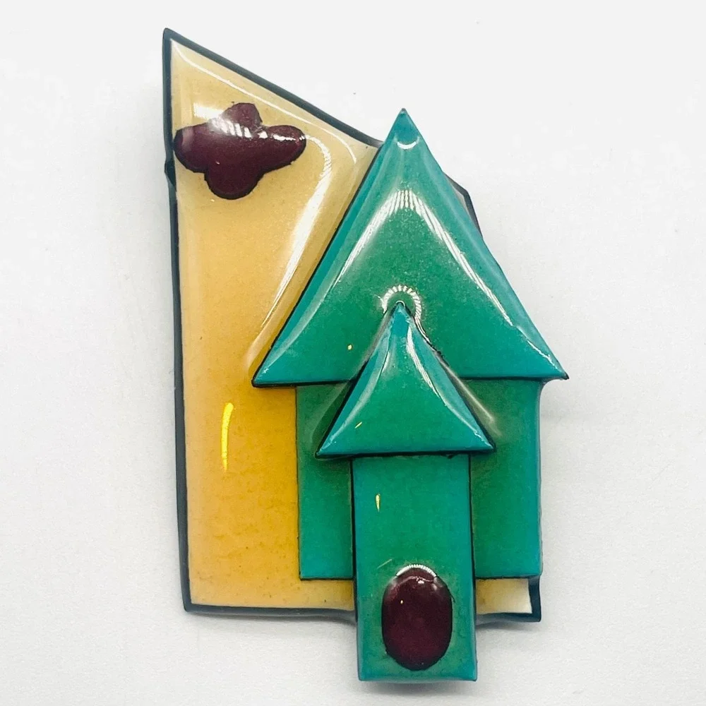 Lucinda House‎ Pins Brooch Art Resin Geometric Architectural Teal Yellow 2.5